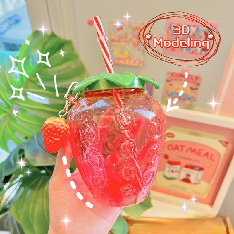 Summer Drinks Strawberry Cup Glass with Top & Straw