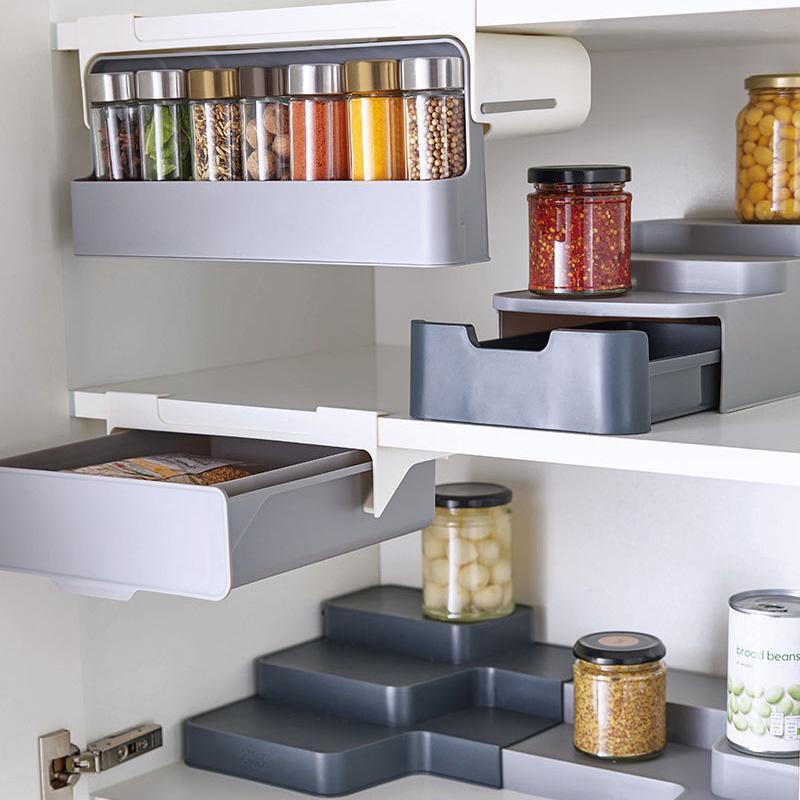 Kitchen Cupboard Under Shelf Self Adhesive Spice Jar Storage Rack