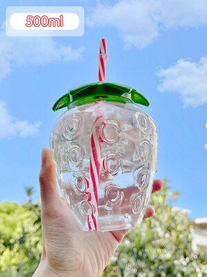 Summer Drinks Strawberry Cup Glass with Top & Straw