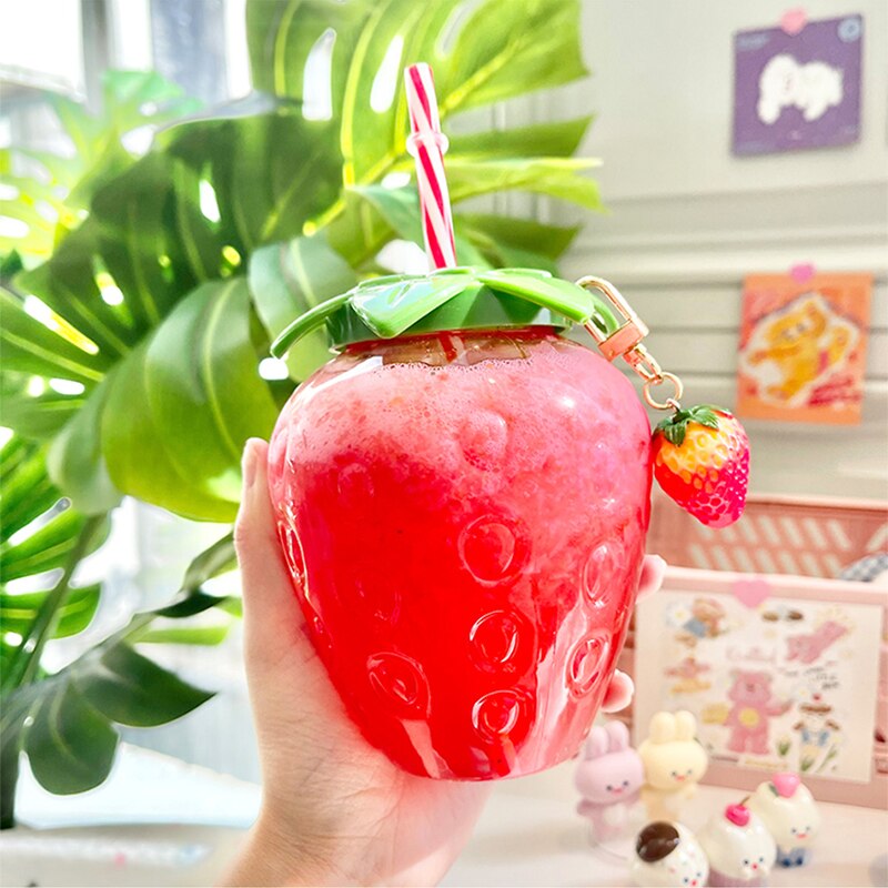 Summer Drinks Strawberry Cup Glass with Top & Straw