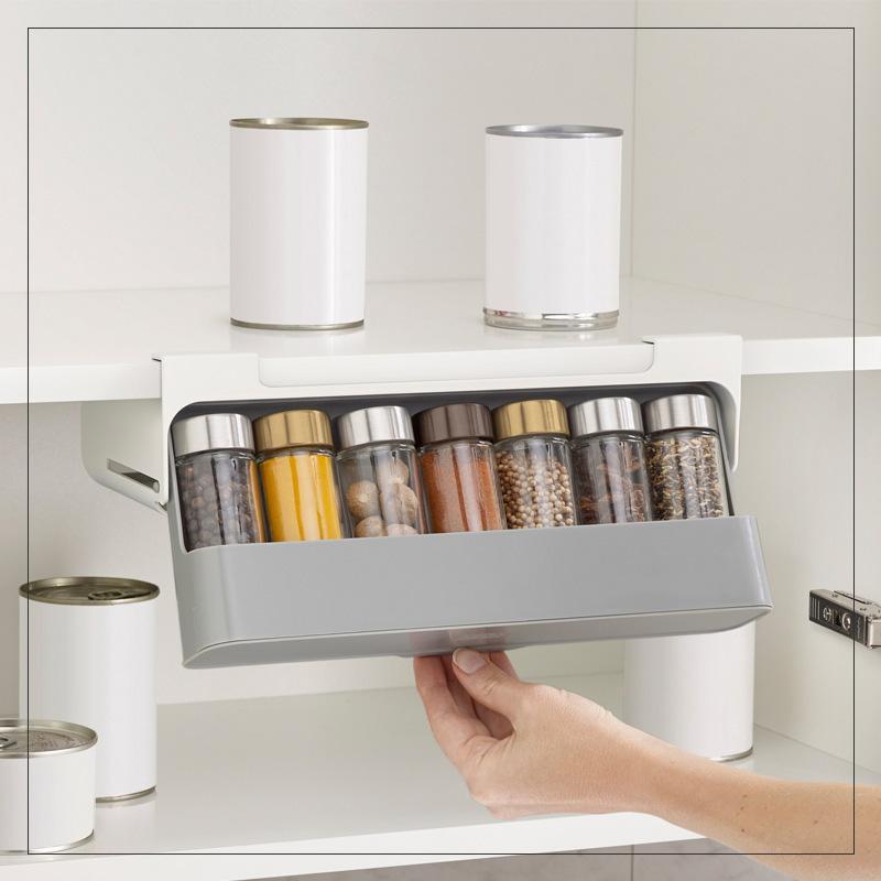 Kitchen Cupboard Under Shelf Self Adhesive Spice Jar Storage Rack