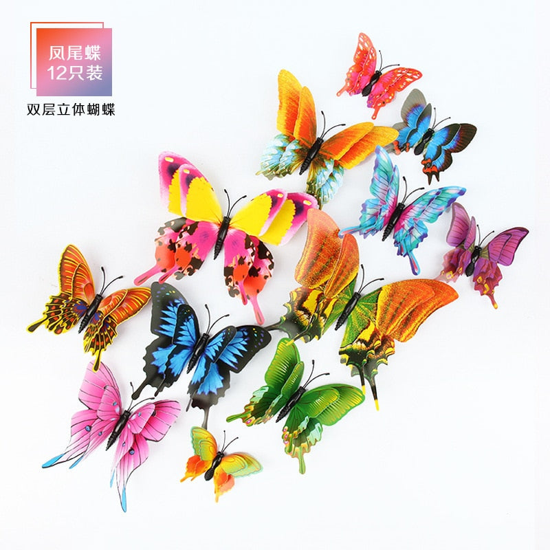 3D Butterfly Wall Decoration Sticker Wall Art - 12pcs/Pack - Various Colours