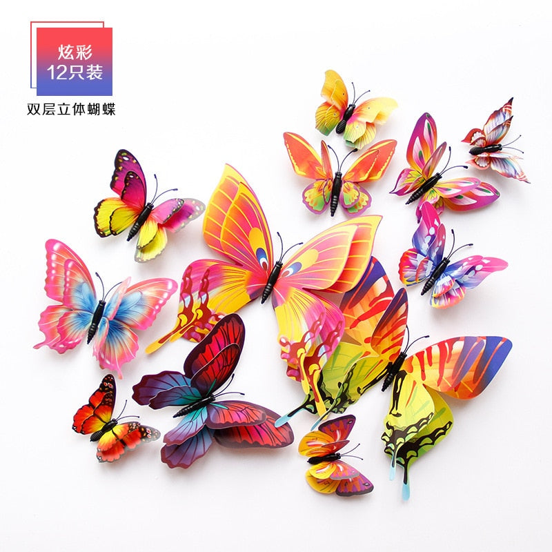 3D Butterfly Wall Decoration Sticker Wall Art - 12pcs/Pack - Various Colours