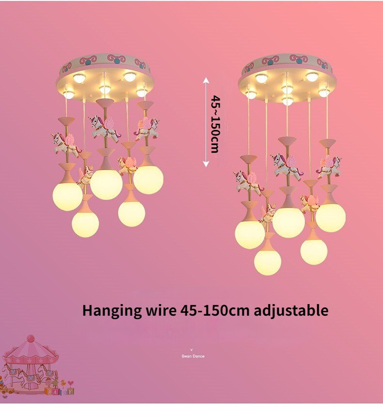 Children's Kid's Hanging Carousel Chandelier LED Ceiling Light - Pink or Blue