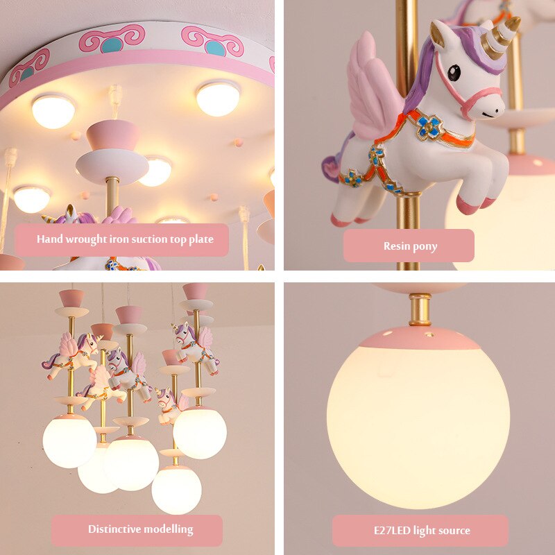 Children's Kid's Hanging Carousel Chandelier LED Ceiling Light - Pink or Blue