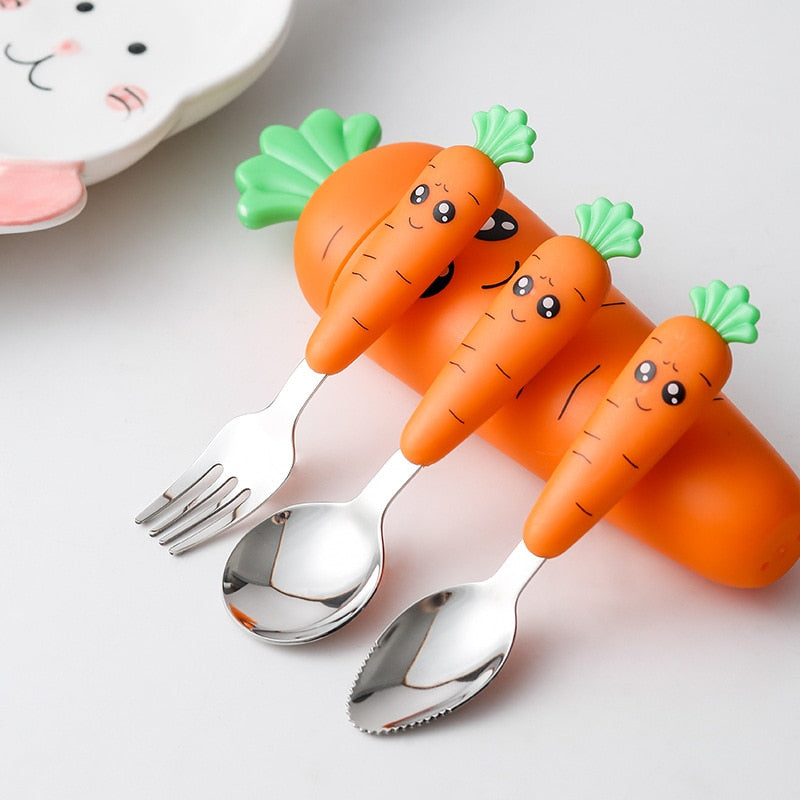 Baby Toddler Knife Fork Spoon Case Cutlery Travel Holiday Set - Carrot Design