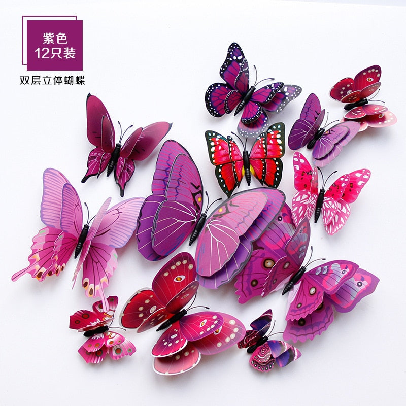 3D Butterfly Wall Decoration Sticker Wall Art - 12pcs/Pack - Various Colours