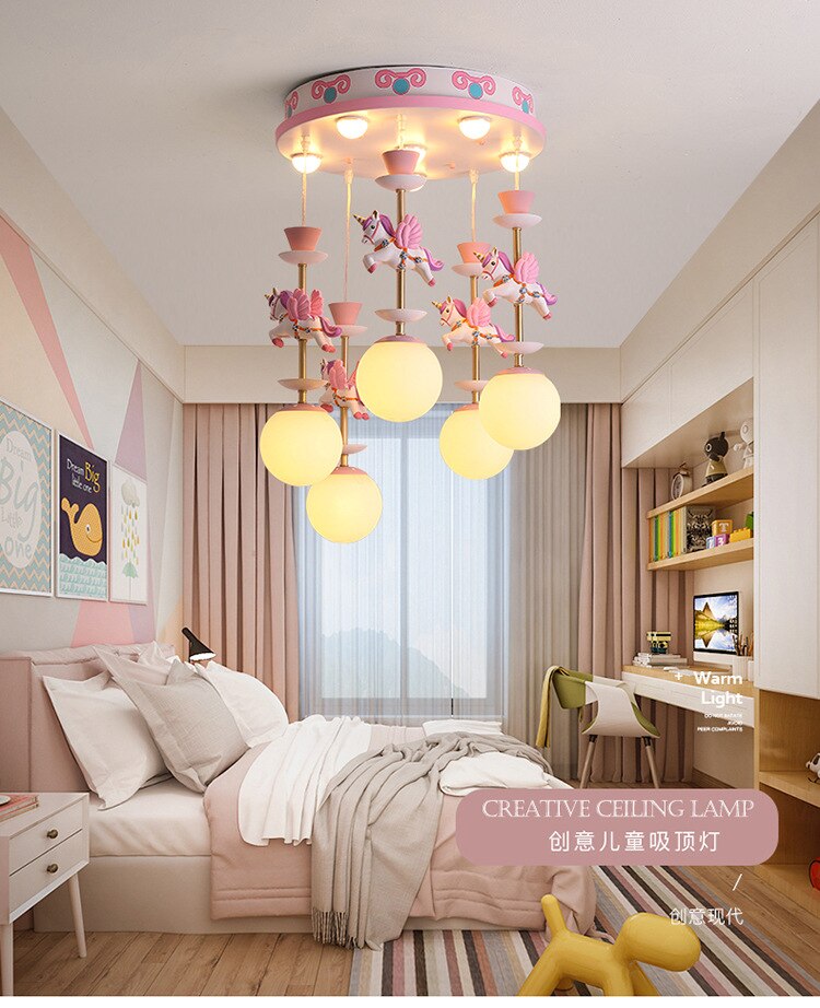 Children's Kid's Hanging Carousel Chandelier LED Ceiling Light - Pink or Blue