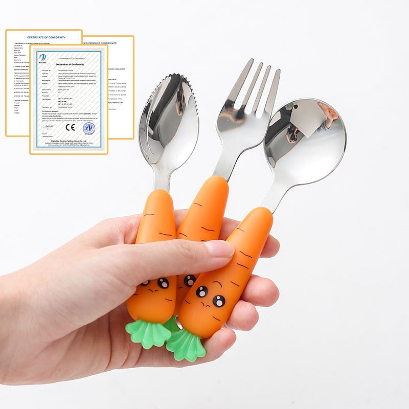 Baby Toddler Knife Fork Spoon Case Cutlery Travel Holiday Set - Carrot Design