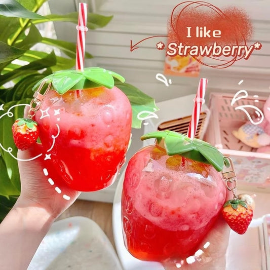 Summer Drinks Strawberry Cup Glass with Top & Straw