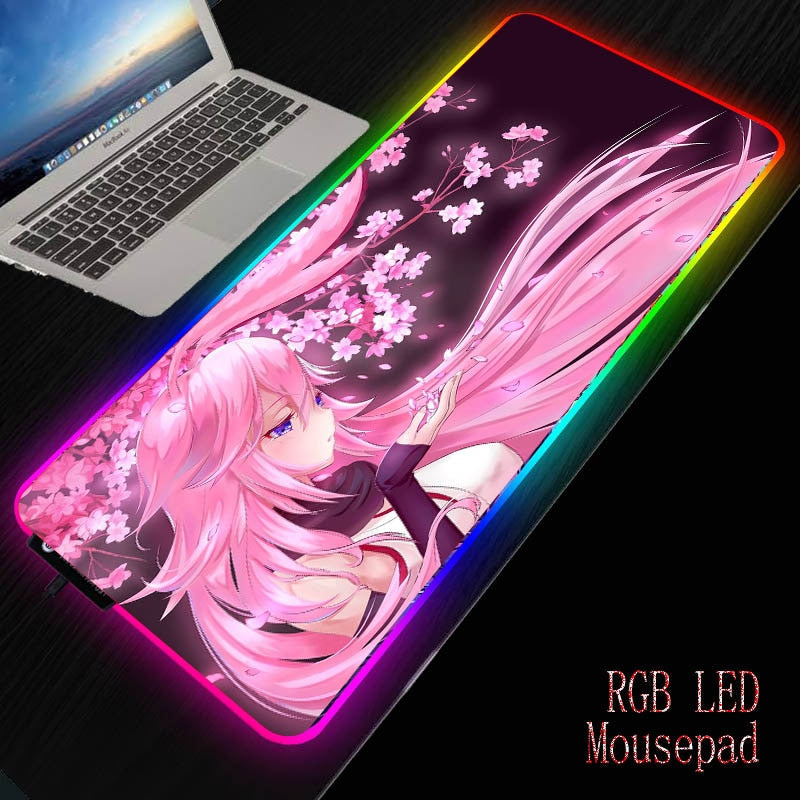 Anime Pink Flower Girl RGB Large Gaming Mouse Pad - Various Sizes