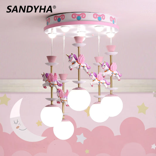 Children's Kid's Hanging Carousel Chandelier LED Ceiling Light - Pink or Blue