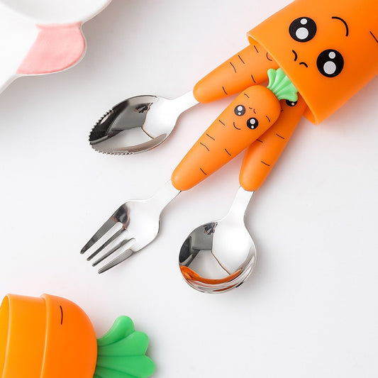 Baby Toddler Knife Fork Spoon Case Cutlery Travel Holiday Set - Carrot Design
